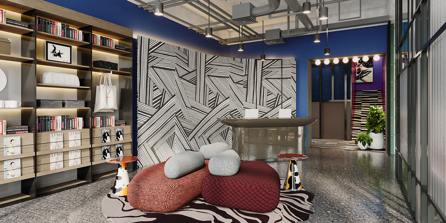 Modern interior with geometric black-and-white mural, blue walls, and exposed ceiling. Features cushioned seating, abstract patterns, and warm lighting.