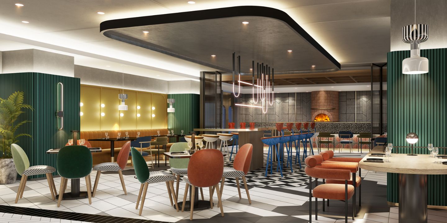 Modern dining area featuring colorful chairs, stylish lighting, and a mix of textured wall designs, creating a vibrant atmosphere.