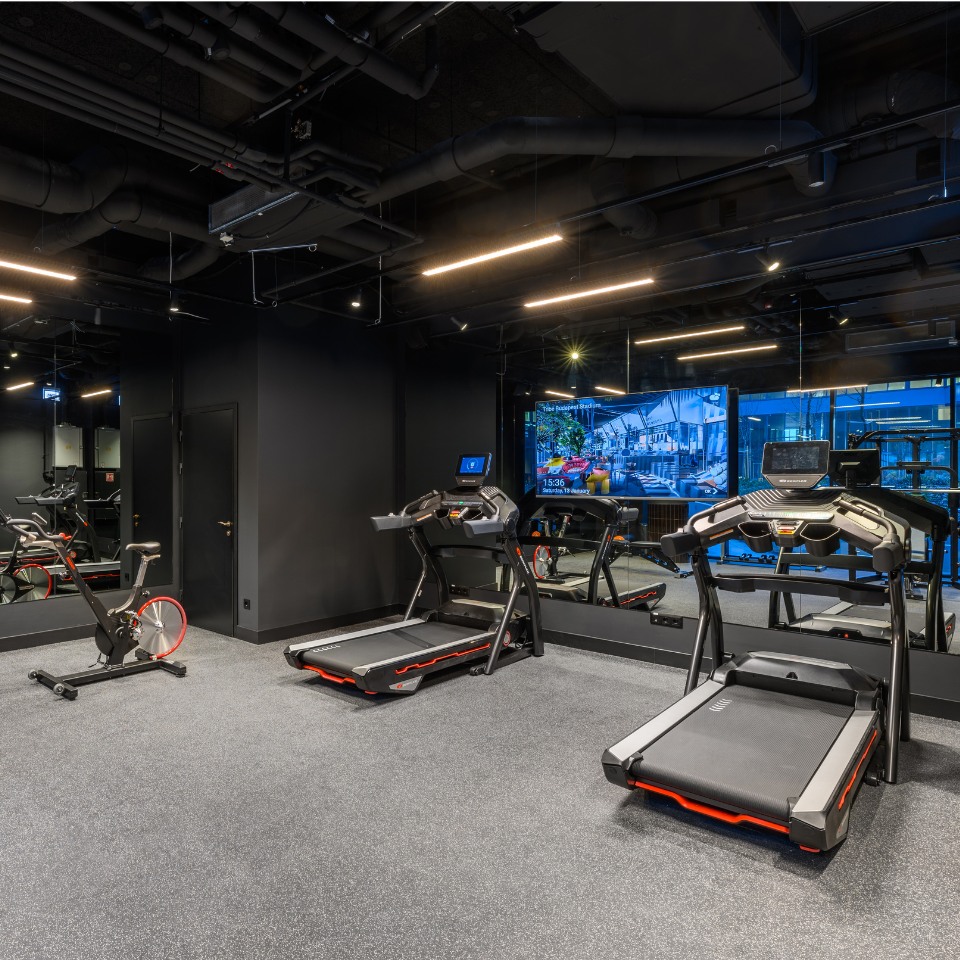 Modern gym interior featuring two treadmills and a stationary bike, with mirrored walls and contemporary lighting.