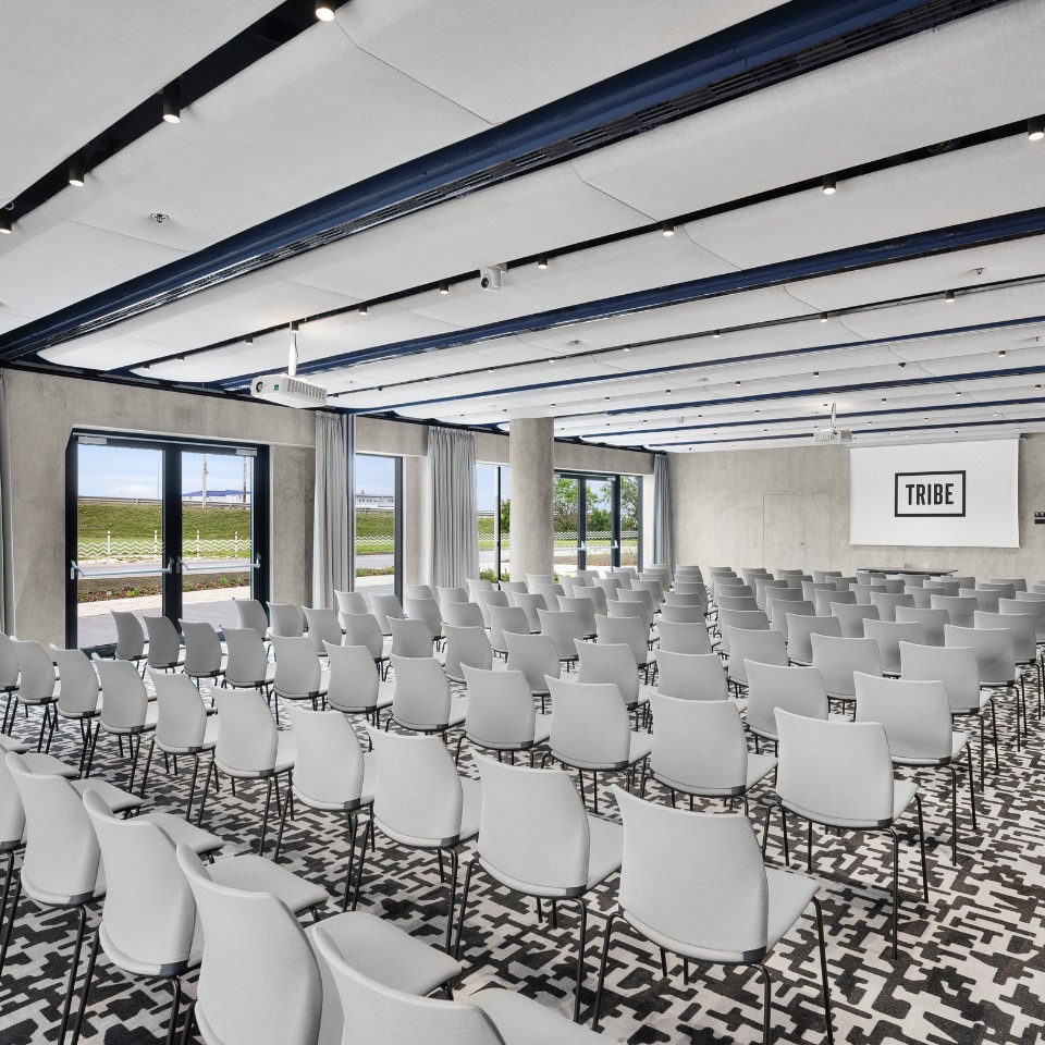 Modern conference room with rows of white chairs facing a screen displaying "TRIBE." Large windows offer views of greenery outside. Bright and spacious.