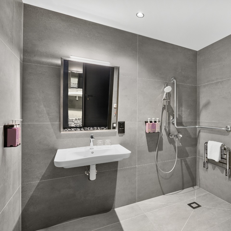 Modern bathroom with gray tiles features a wall-mounted sink, large mirror, and accessible shower area with grab bars. Minimalist and functional design.