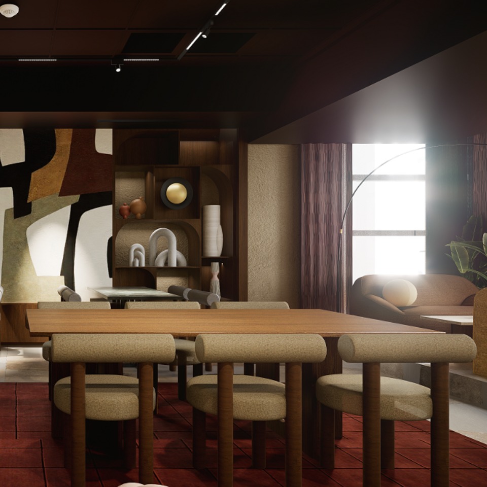 Modern dining area with a wooden table, plush chairs, abstract wall art, and a cozy lounge space illuminated by natural light.