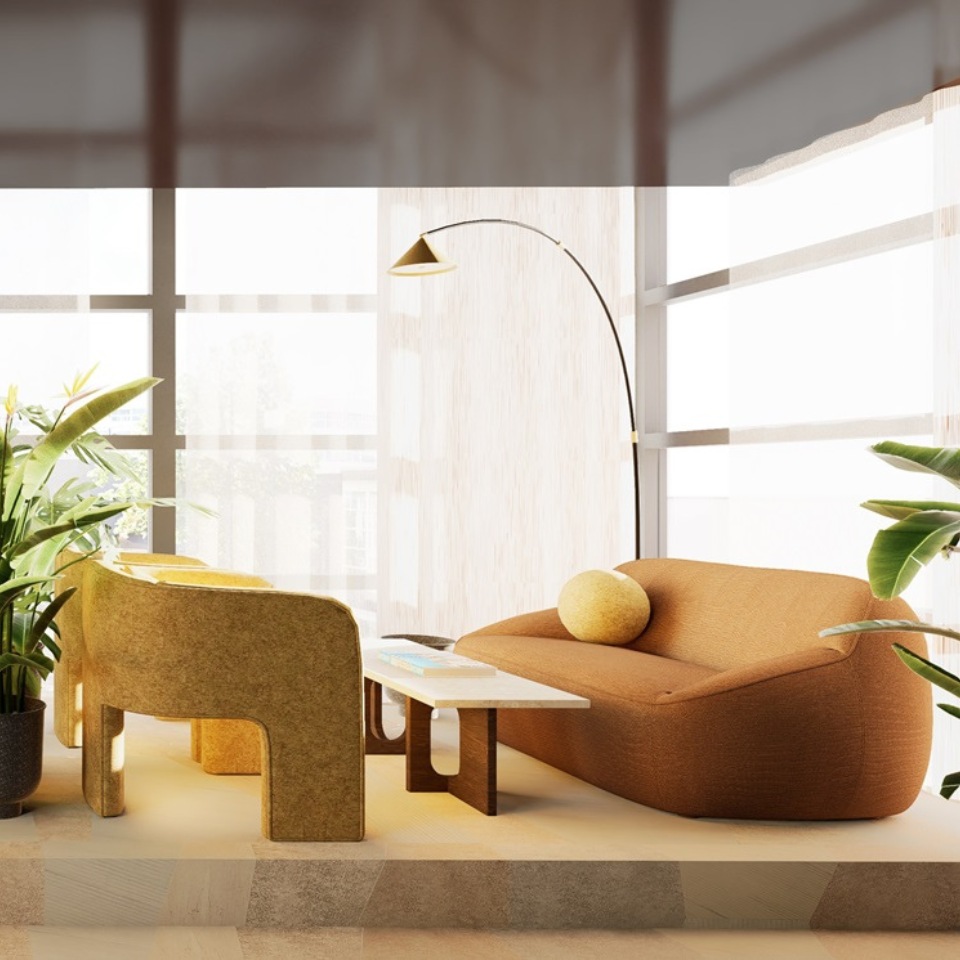 Stylish living area featuring a brown sofa, mustard armchairs, a marble coffee table, and vibrant indoor plants by large windows.