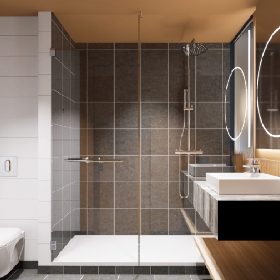 A bathroom with gray tiles, a rainshower and a sink with a back-lit mirror.