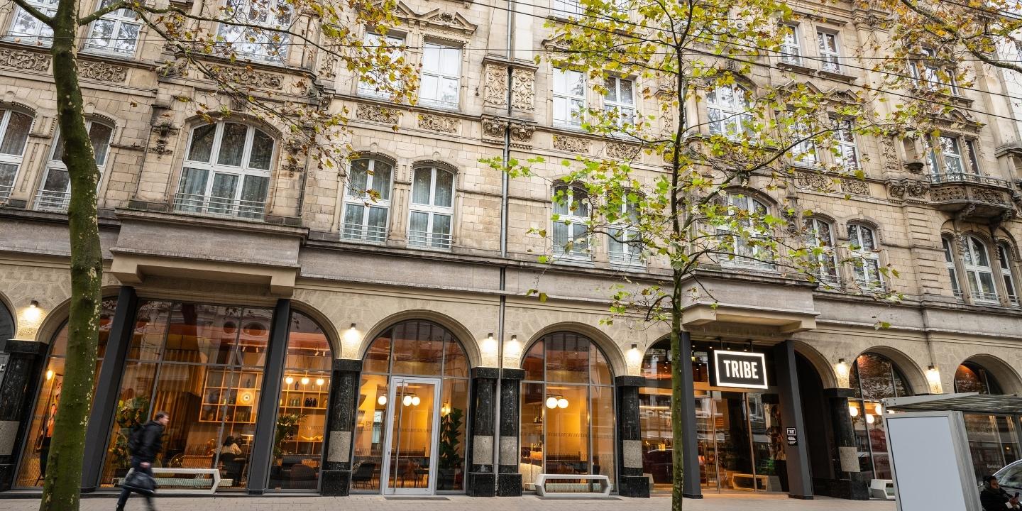 Historic building facade with ornate architecture, featuring large arched windows and the "TRIBE" sign, surrounded by autumn leaves.