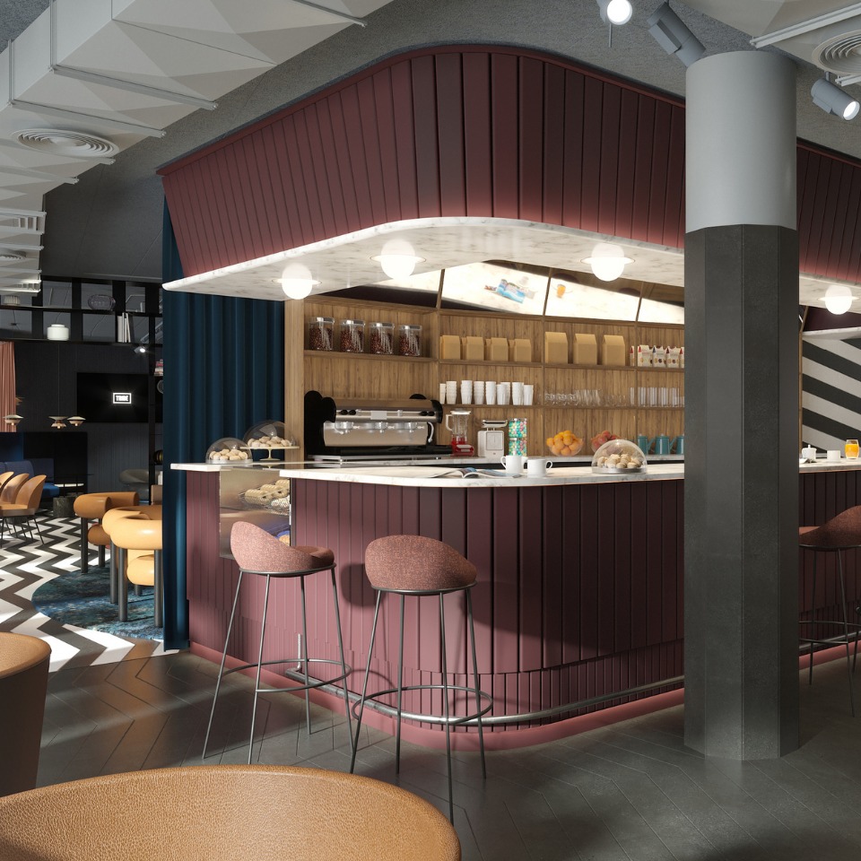 A modern café interior featuring a maroon curved bar with stools, wooden shelves, and stylish decor, inviting a cozy atmosphere.