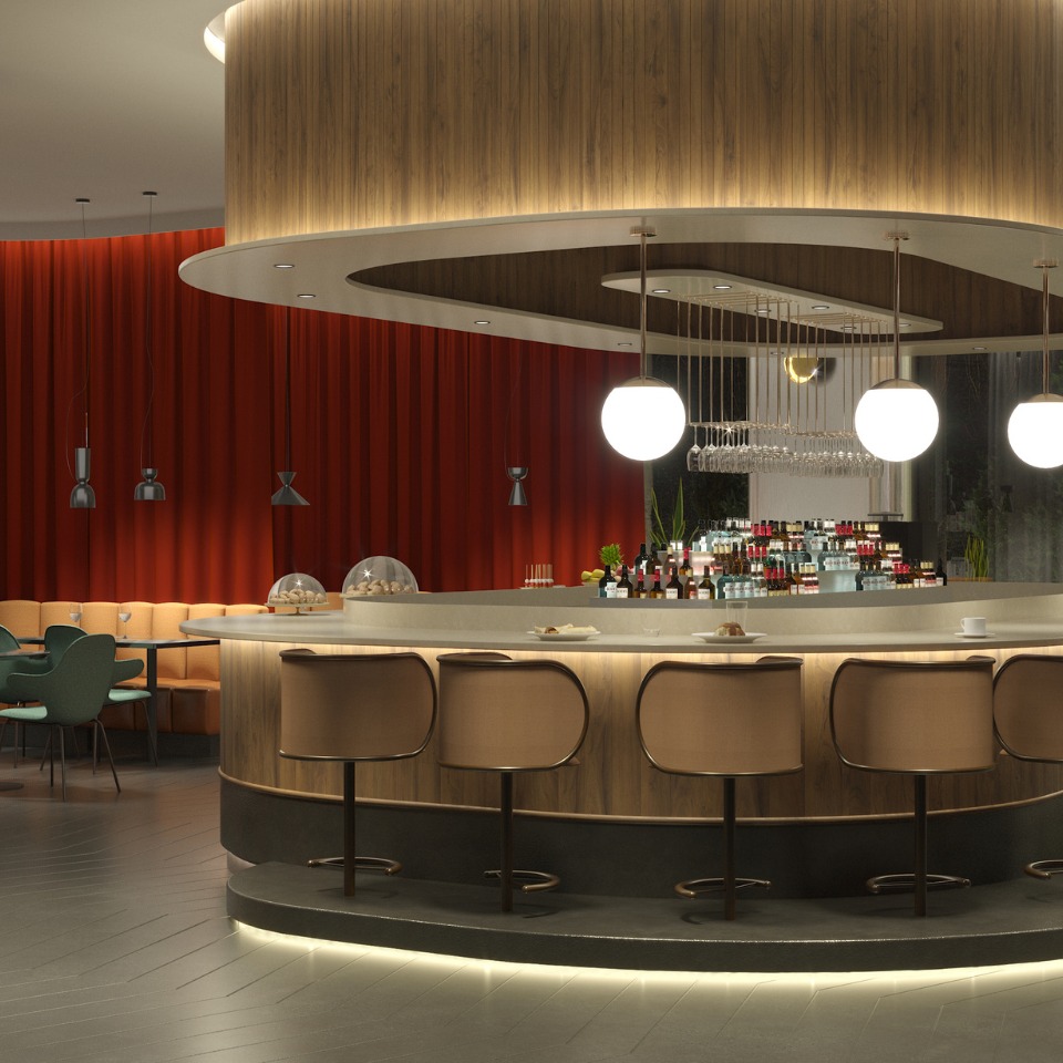 A modern bar with a circular design, wood accents, and glowing lights, featuring plush seating and a vibrant red curtain backdrop.