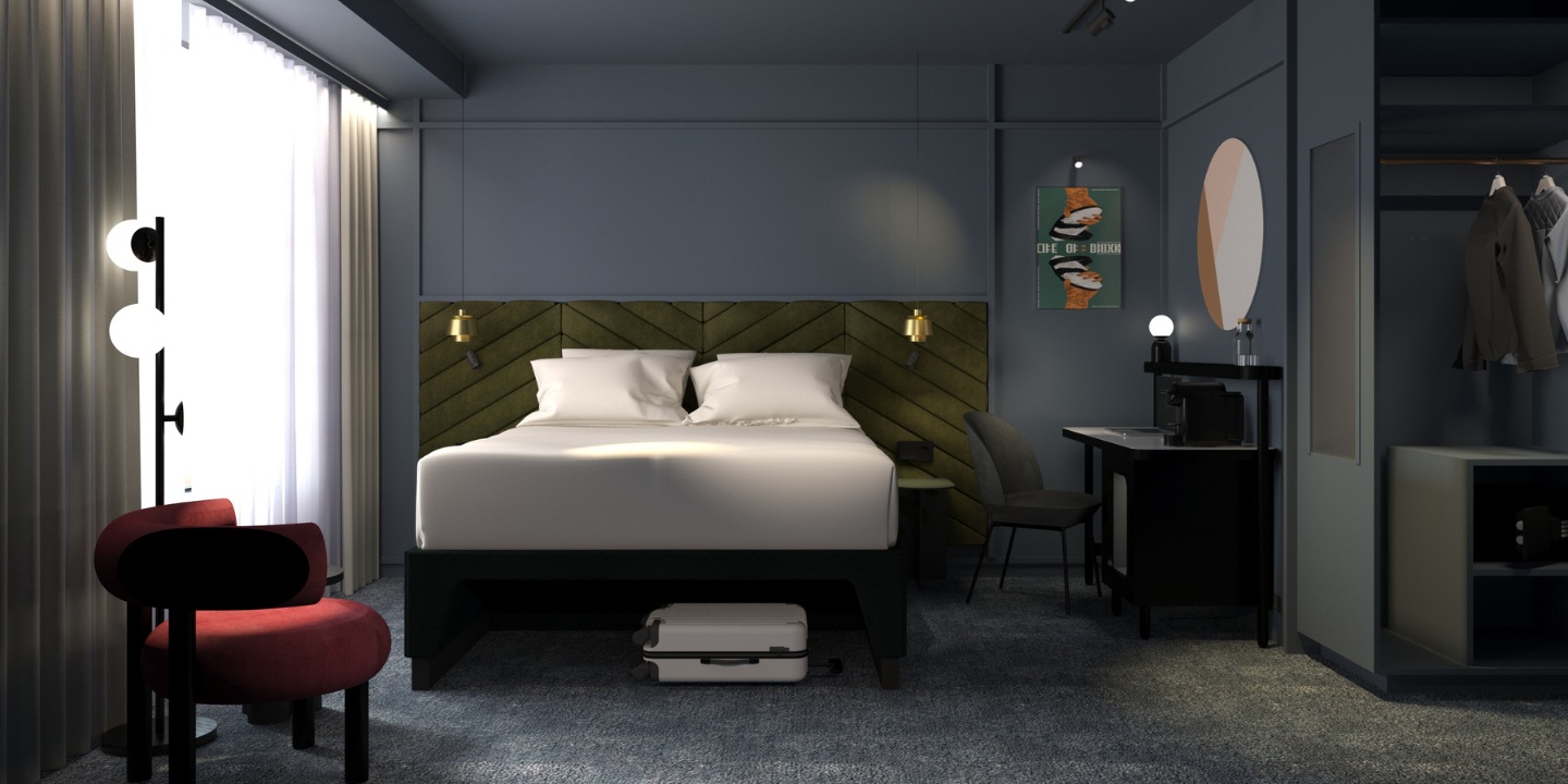 Modern hotel room featuring a double bed with a green striped headboard, a chair, desk, and suitcase, illuminated by soft lighting.