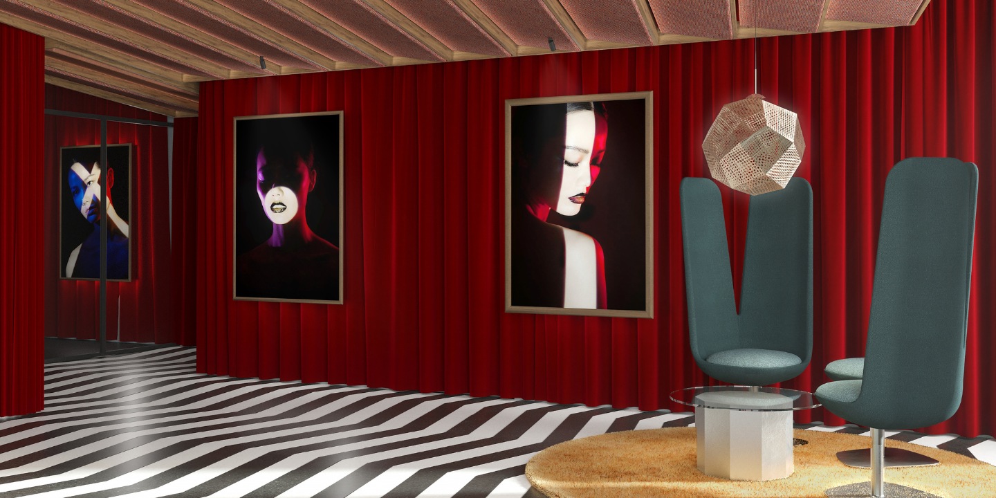 An art gallery features striking red walls adorned with framed portraits, contrasting with a dynamic striped black and white floor.