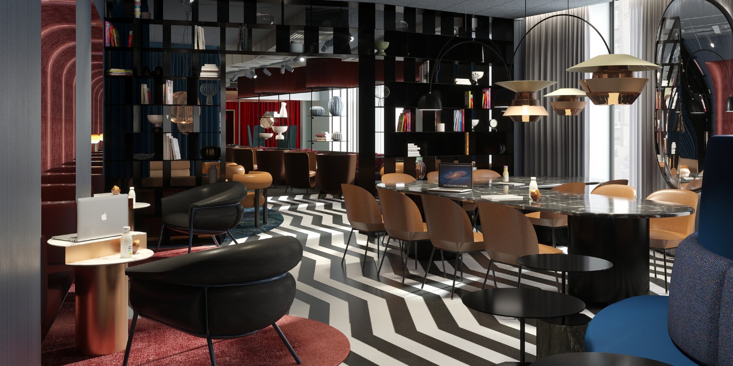 Modern lounge with stylish seating, colorful rugs, a zigzag floor, and bookshelves, creating a cozy, sophisticated atmosphere.