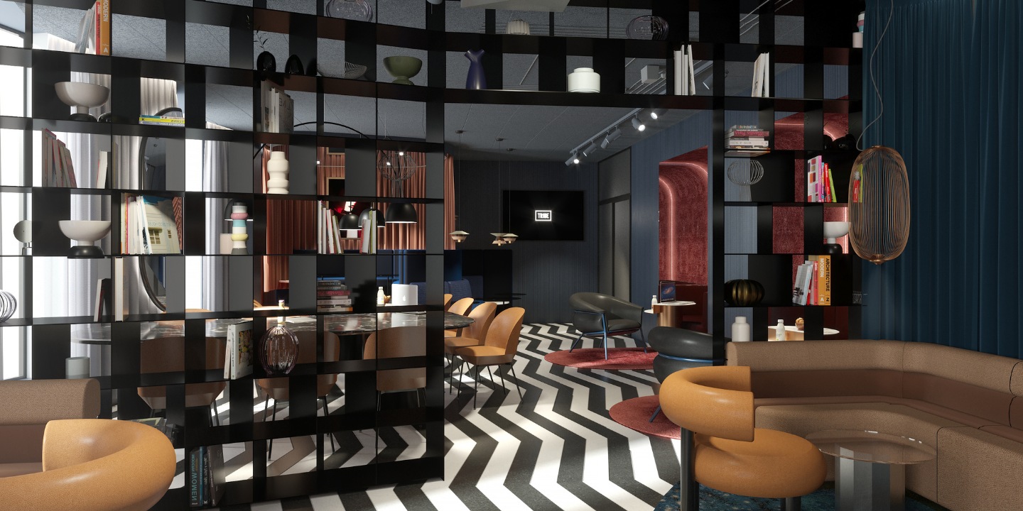 Modern lounge with stylish seating, colorful rugs, a zigzag floor, and bookshelves, creating a cozy, sophisticated atmosphere.