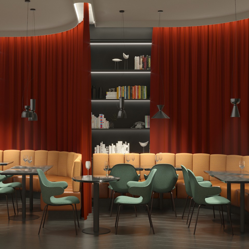 A stylish restaurant interior featuring orange seating, green chairs, dark tables, and red curtains, with a bookshelf in the background.