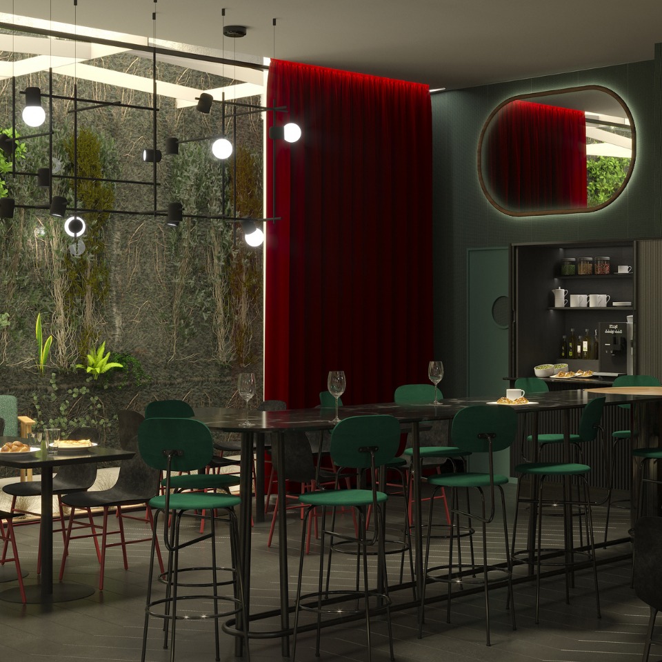 A stylish lounge area featuring green and black barstools, a dramatic red curtain, modern lighting, and lush wall greenery.