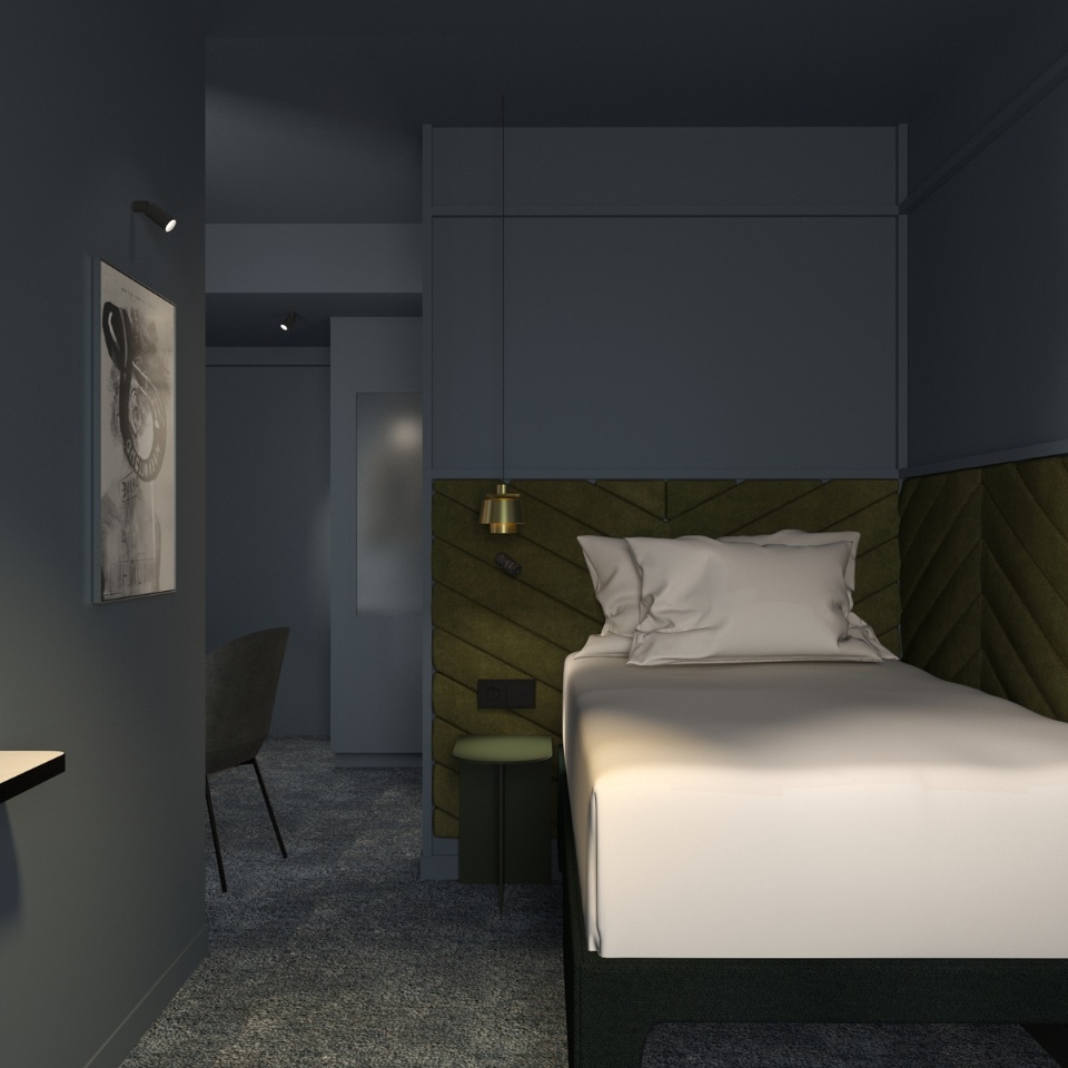 A modern hotel room featuring a single bed with green textured headboard, a gray wall, stylish lighting, and a minimalist design.