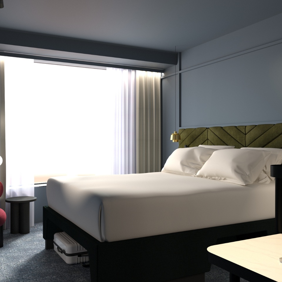 Cozy hotel room featuring a double beds, a green headboard, modern lamp, and sheer curtains letting in natural light.