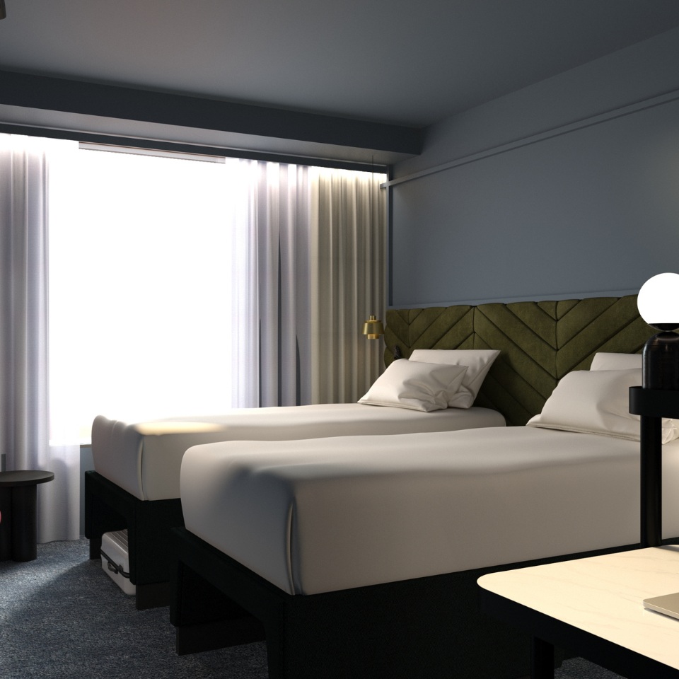 Cozy hotel room featuring two twin beds, a green headboard, modern lamp, and sheer curtains letting in natural light.