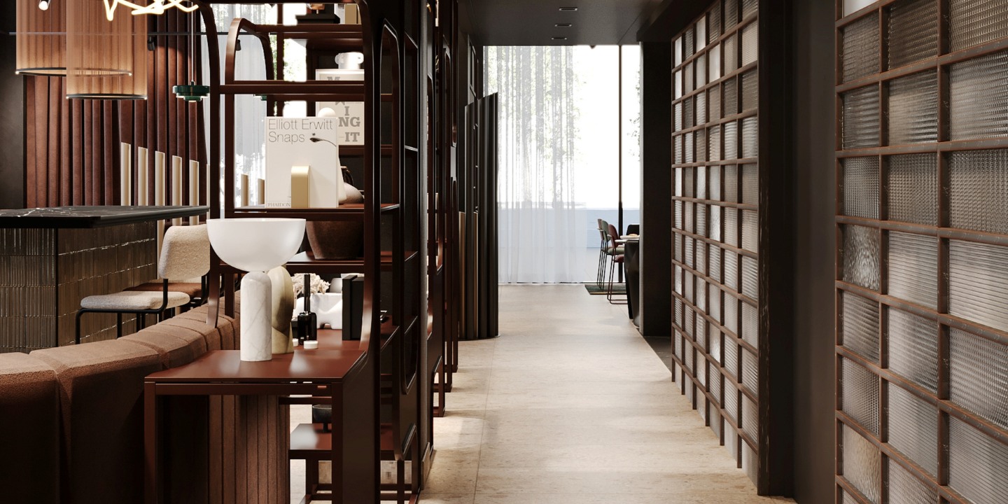 Modern interior hallway with wooden accents, soft lighting, and decorative shelves showcasing art and decor, leading to a bright window.
