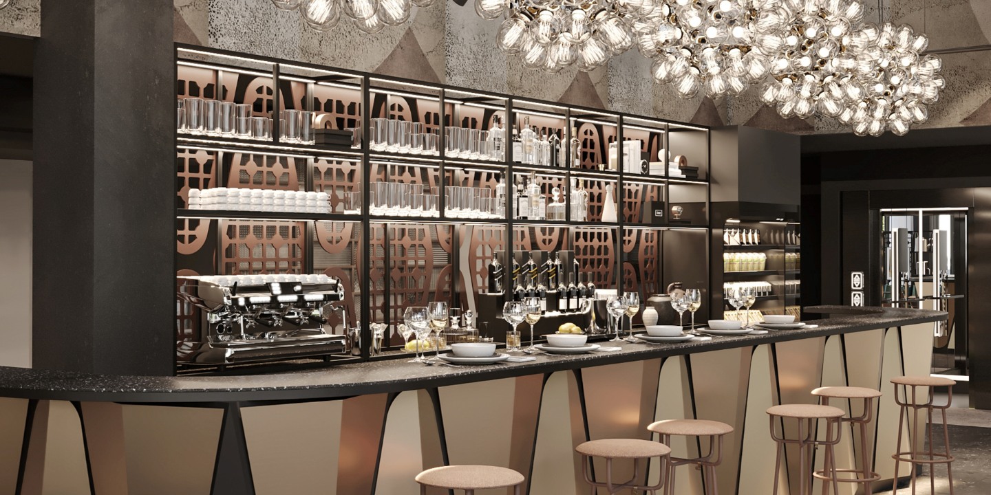 Elegant bar interior featuring modern lighting fixtures, a stylish counter, and well-organized shelves displaying drinks and glassware.