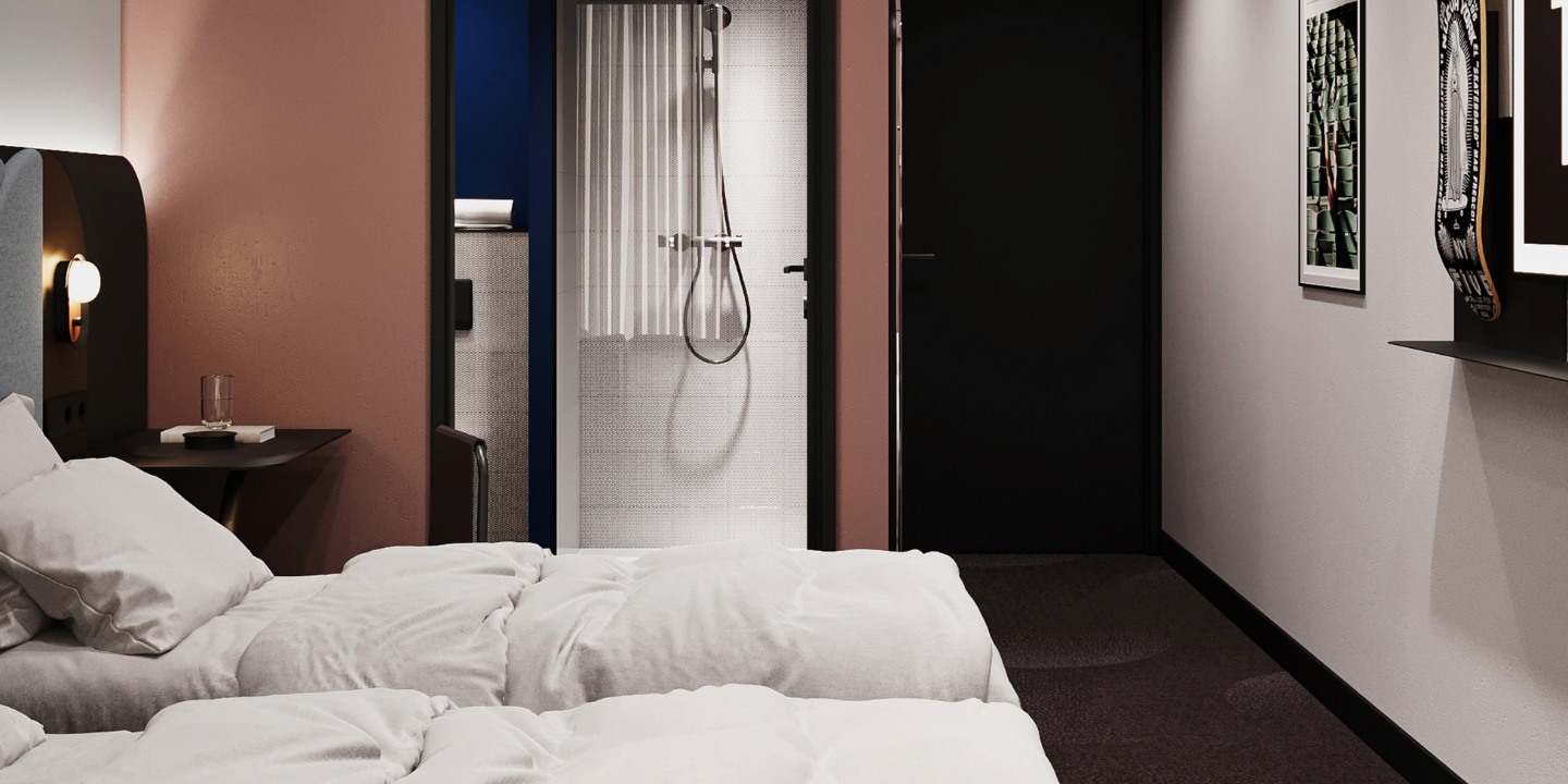 Cozy hotel room featuring two beds, modern fixtures, and a stylish en-suite bathroom with a shower behind a glass partition.