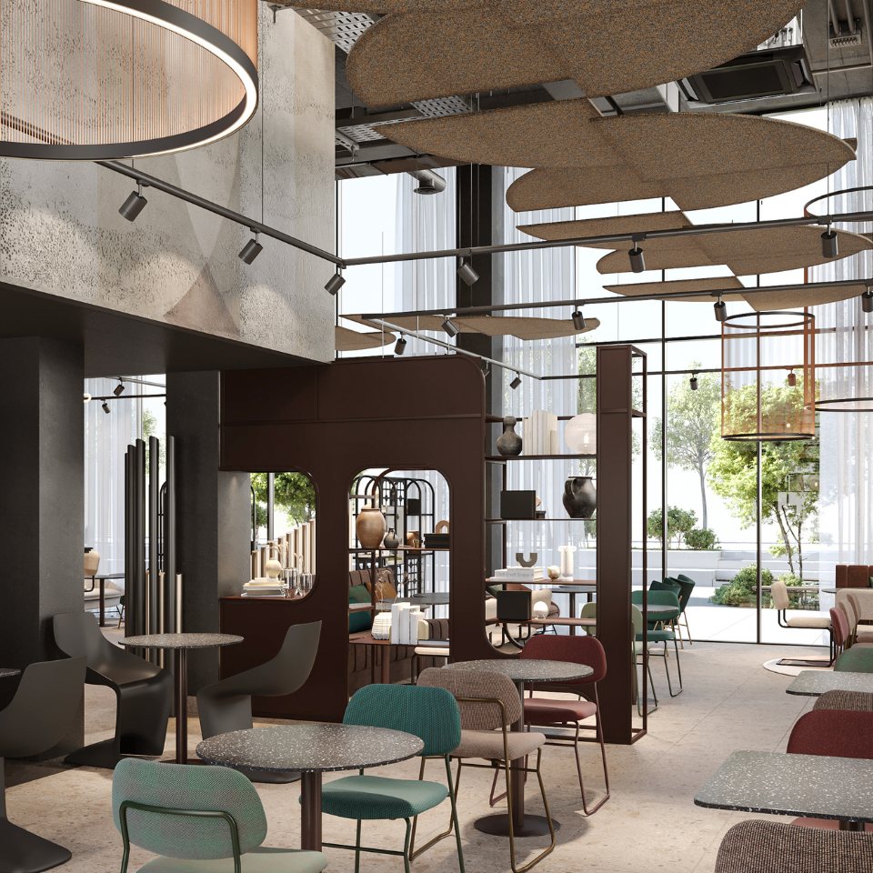 Hotel lobby with creative lighting, diverse seating, and artistic decor, surrounded by glass windows and greenery outside.