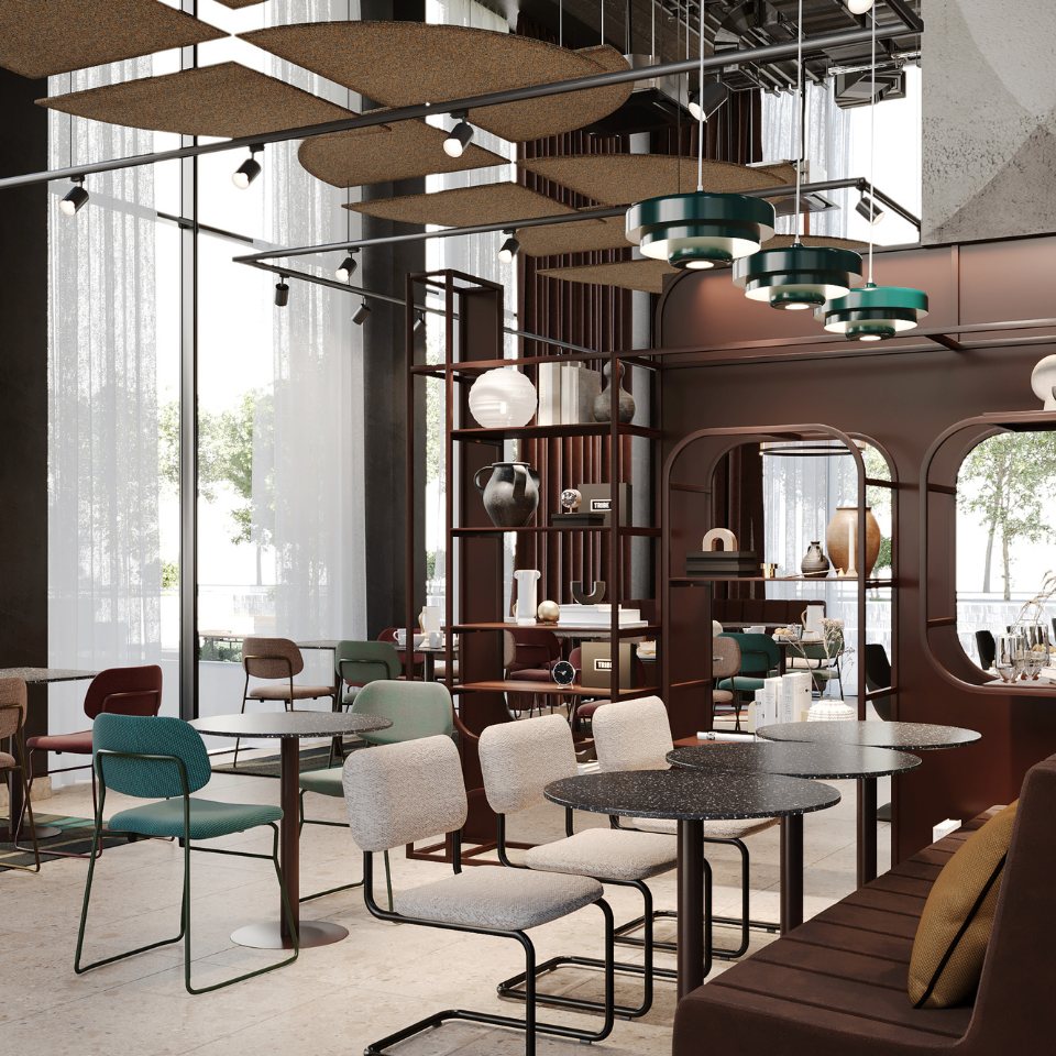 Stylish café interior featuring modern chairs, round tables, and decorative shelves, highlighted by natural light and contemporary design elements.