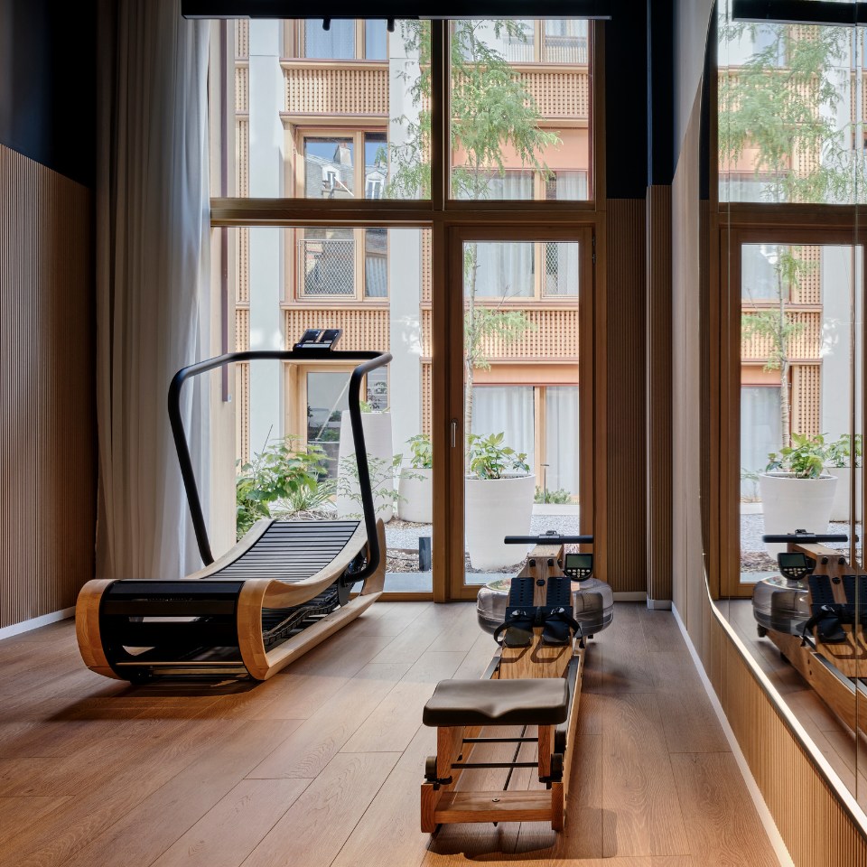 A modern gym room with a wooden treadmill and rowing machine on a wooden floor. Large windows reveal a building and potted plants, creating a serene ambiance.