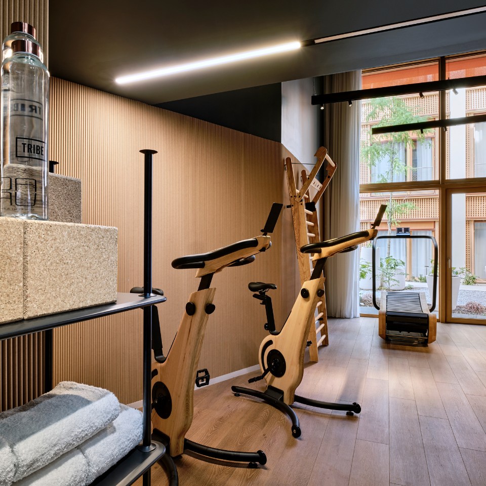 Modern gym with wooden exercise bikes, a treadmill, and shelves with water bottles and towels. Bright natural light from large windows, creating a calm vibe.