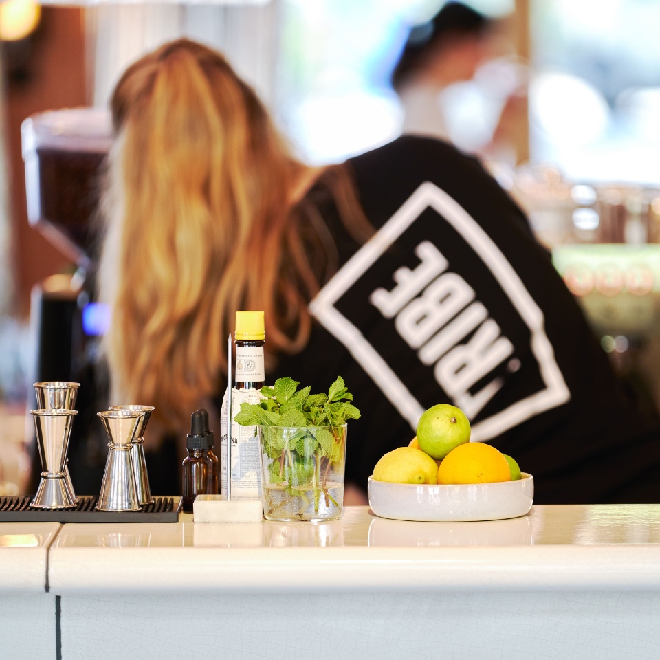 A bartender prepares drinks, featuring fresh mint and fruit on the counter, with a focus on cocktail tools behind them.