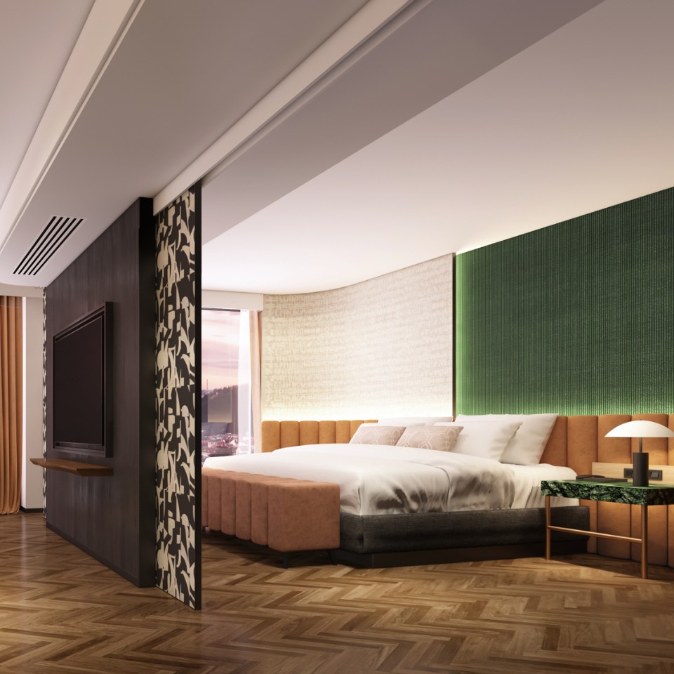 A modern hotel room featuring a plush bed, elegant decor, wooden flooring, and large windows with a scenic view.