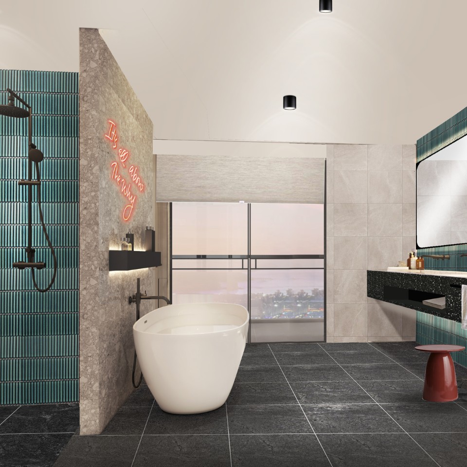 Modern bathroom featuring a freestanding bath, teal tiled wall, illuminated mirror, and floor-to-ceiling windows with a scenic view.