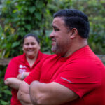 man and woman in red shirts